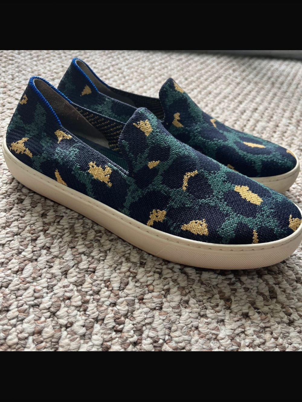 Rothy’s Slip-On Knit Sneakers in Navy, Green & Gold